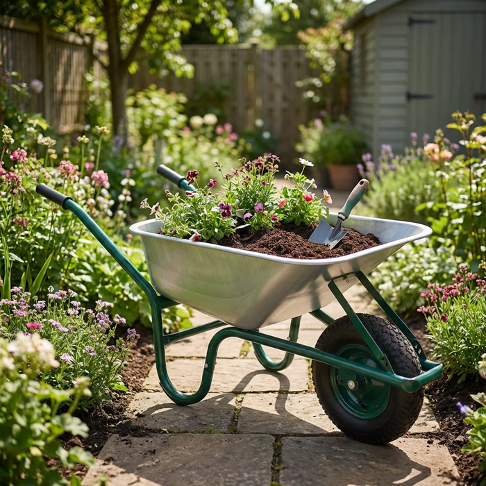 Schubkarre mit Pflanzen und Gartenwerkzeug